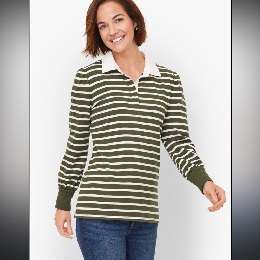 Talbots Womens Plus Puff Sleeve Striped Shirt Olive Green Collared Rugby - 3X